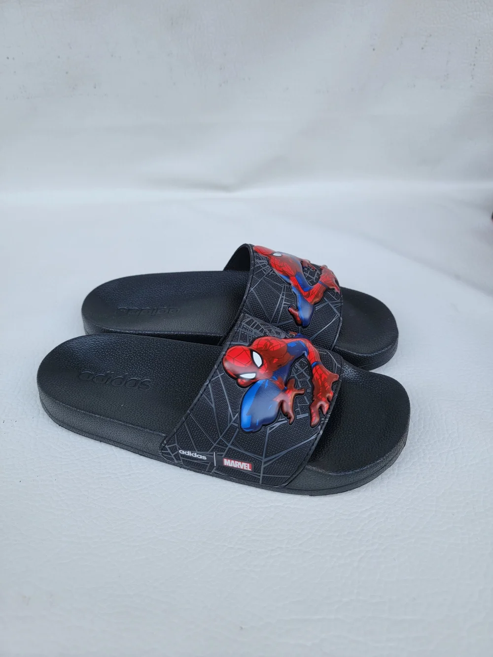 adidas Kids Black Slides with Red and Blue Spider-Man Graphic